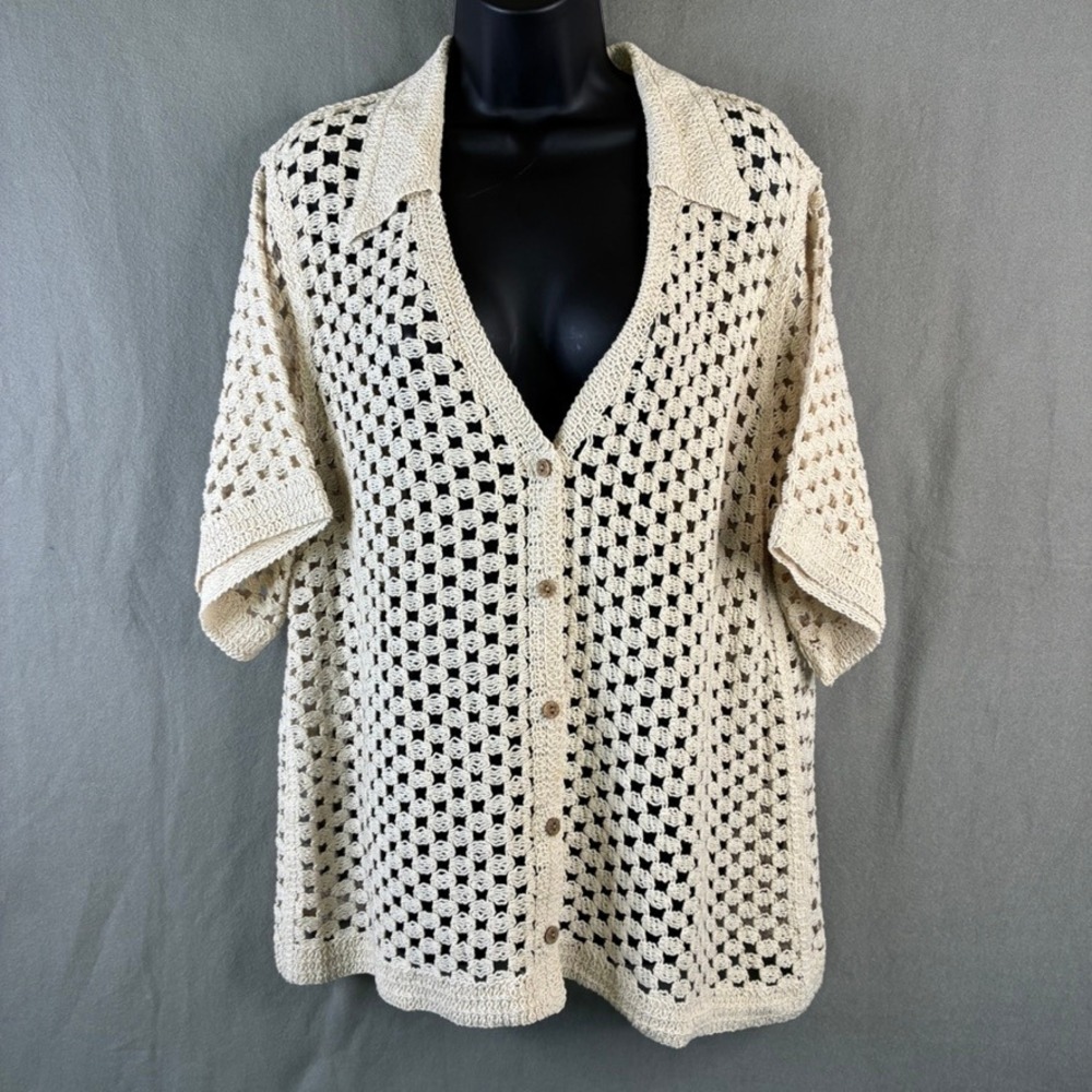 Solitaire Women's Cream Crochet Open Knit Button Front Cardigan Sweater Large